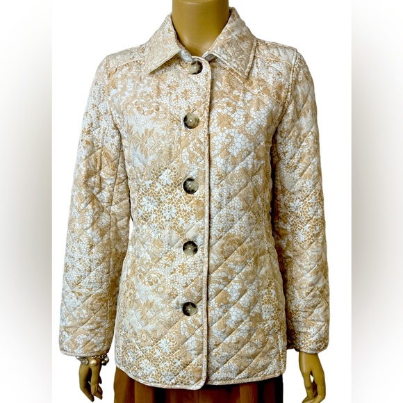 Chico's Jackets & Blazers - Chico's Womens Quilted Jacket Cream Beige Floral Print Button Up W/Front…